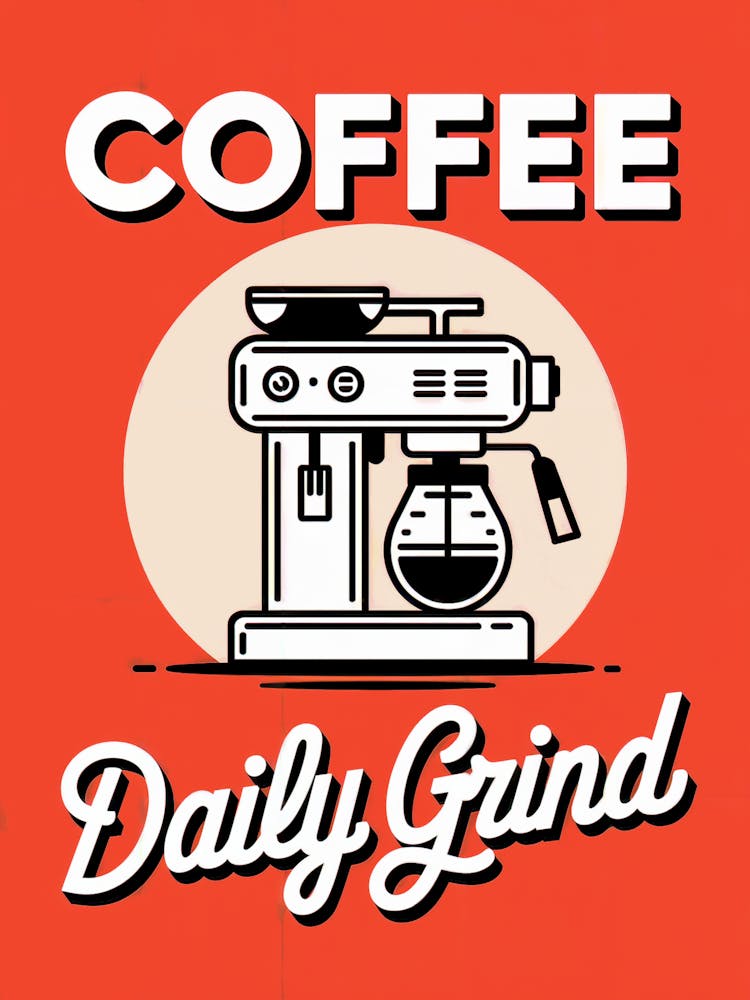 Retro Coffee Art: Minimalist black line art of a coffee machine on a bold red background with white "Coffee" text and "Daily Grind" in vintage script. Perfect for coffee lovers and retro decor.