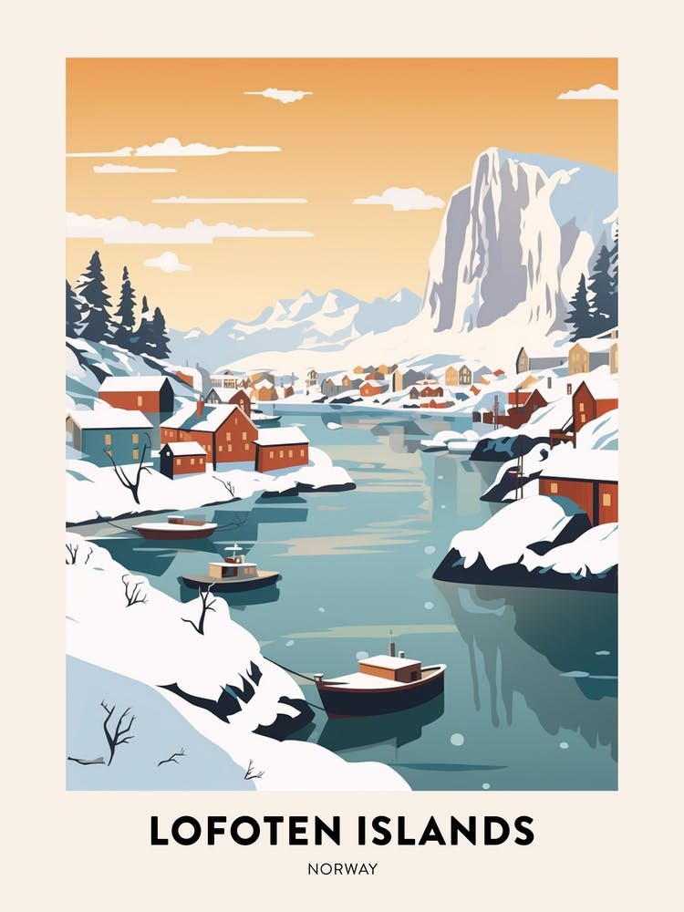Vintage Winter Travel Poster Lofoten Islands Norway 2