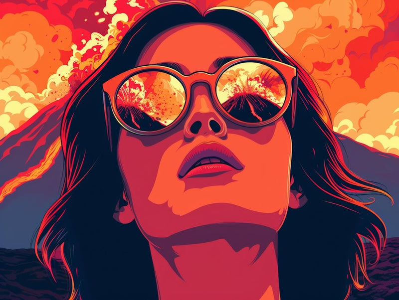 Girl With Sunglasses In Front Of A Volcano