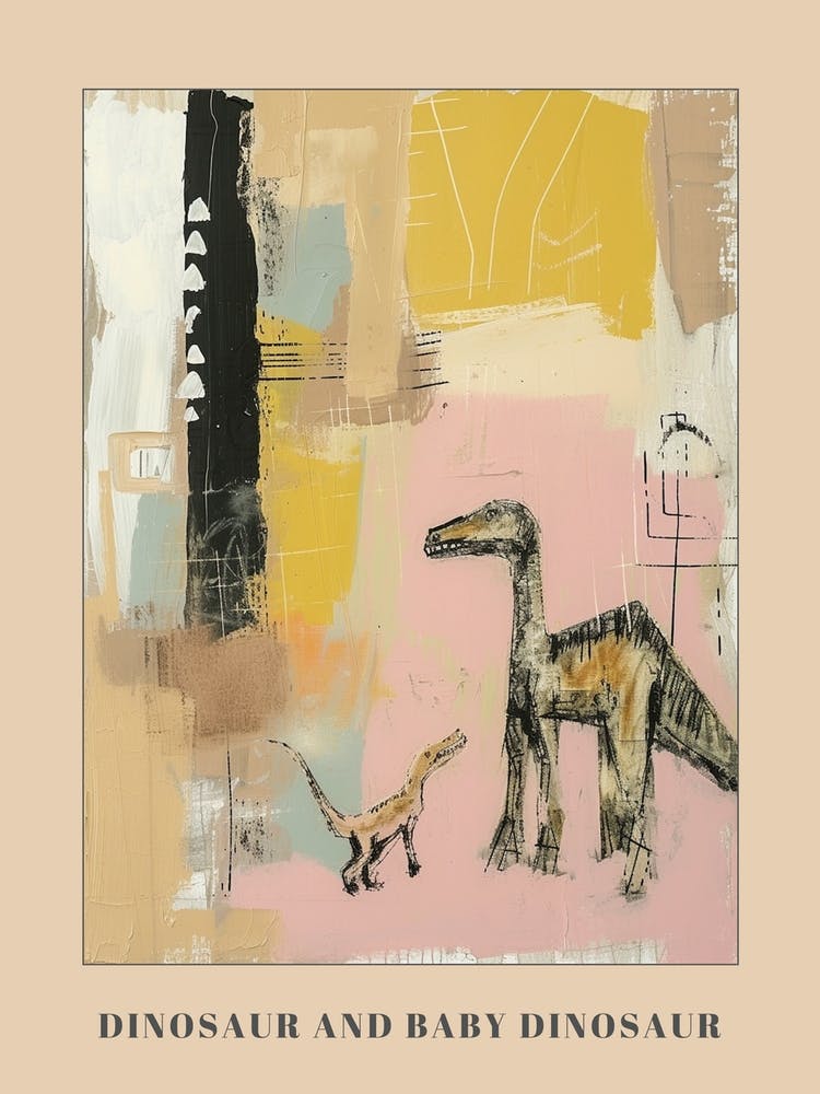 Dinosaur & Baby Dinosaur Muted Impasto Poster