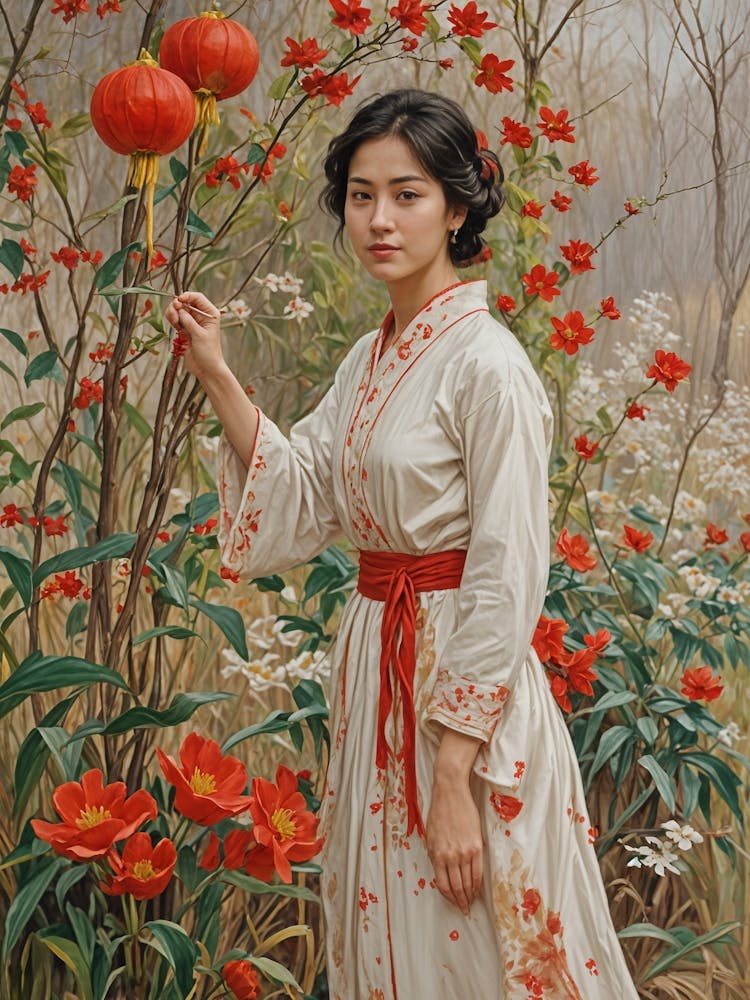 Girl With Red Lanterns And Flowers