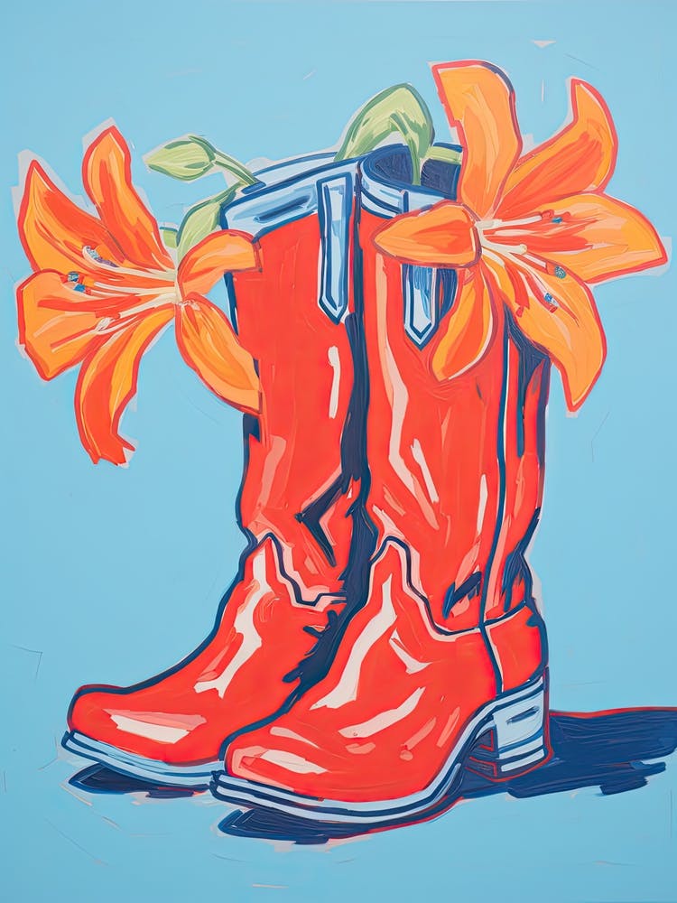 A Painting Of Cowboy Boots With Orange Flowers, Fauvist Style, Still Life 5