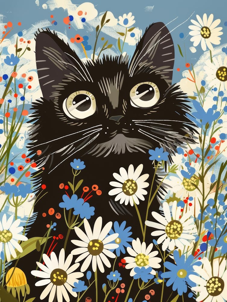 Black Cat In Daisies