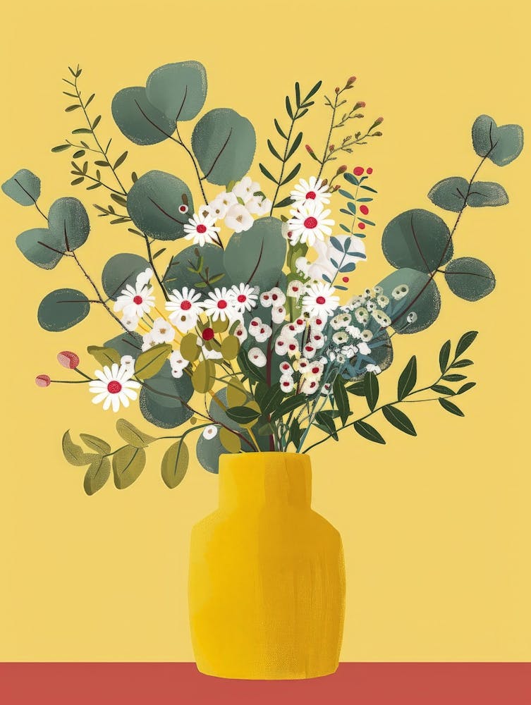 Composition florale dans un vase jaune
