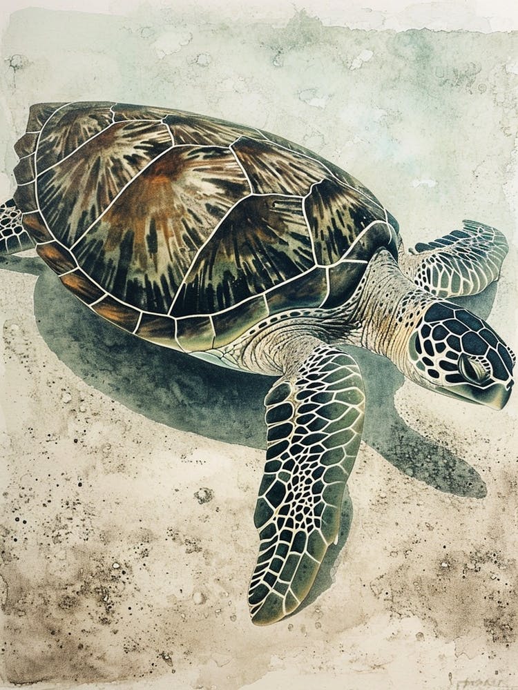 Sea Turtle On The Ocean Floor Textured Illustration 1