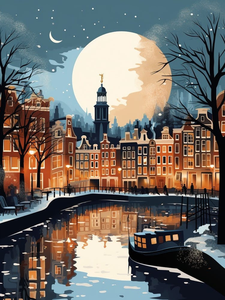 Winter Travel Night Illustration Amsterdam Netherlands 1