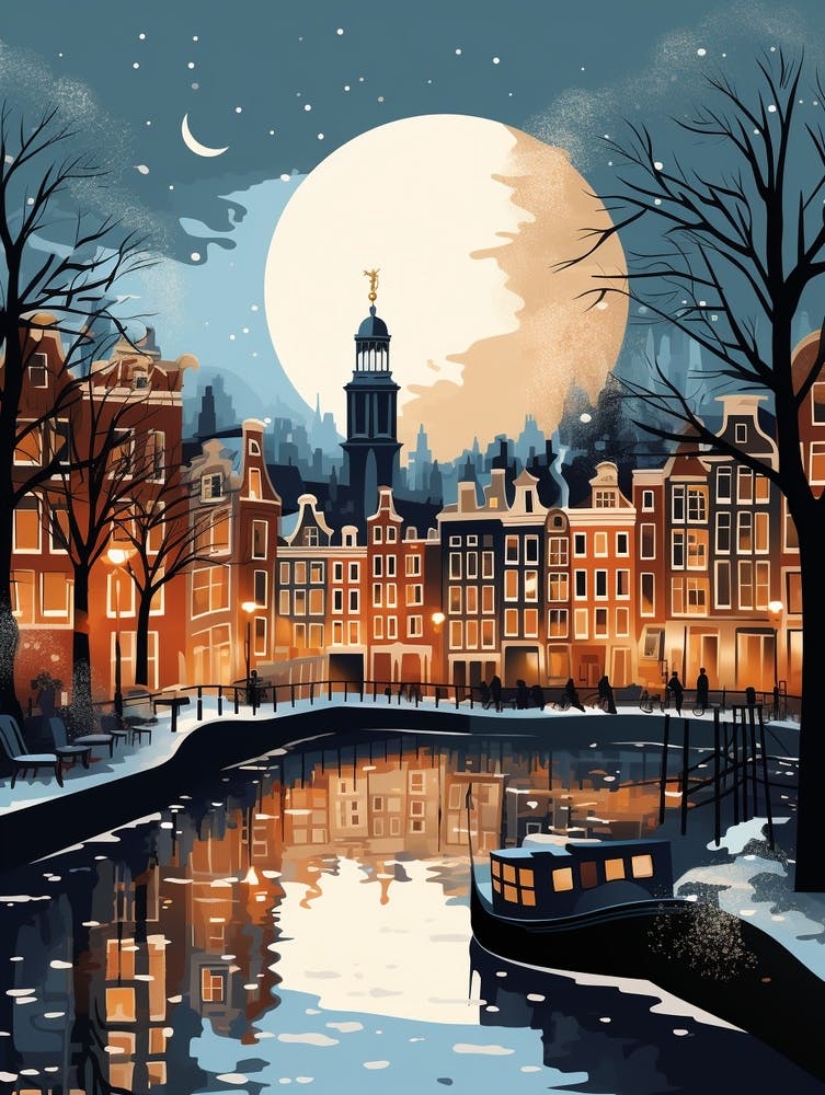 Winter Travel Night Illustration Amsterdam Netherlands 1