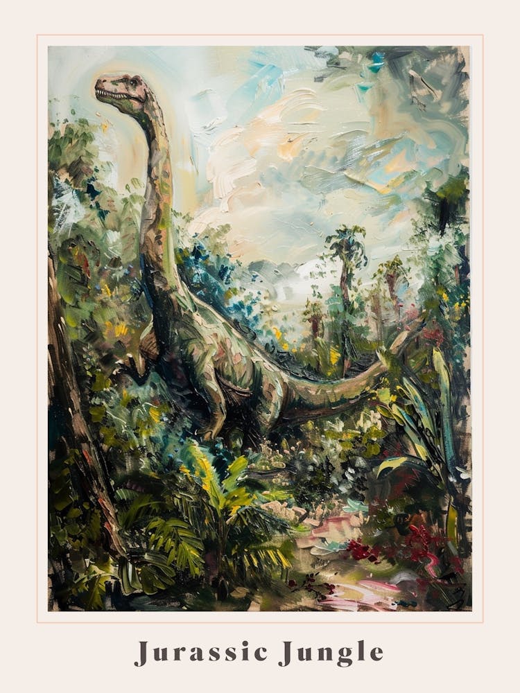 Dinosaur In A Leafy Landscape Painting Poster