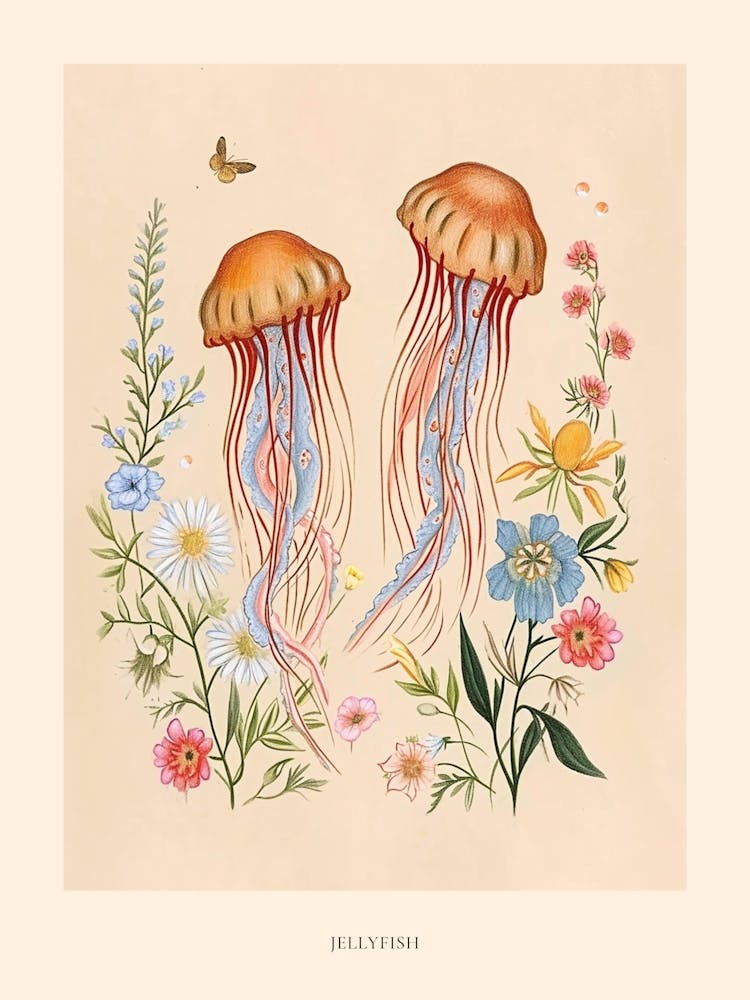 Folksy Floral Animal Drawing Jellyfish Poster