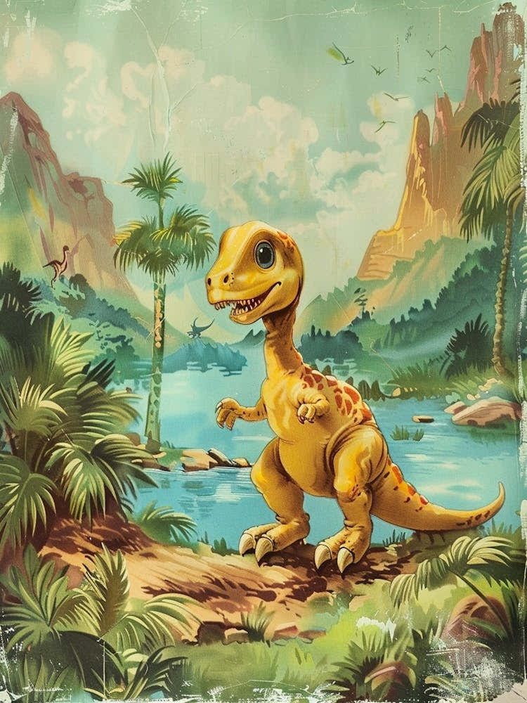 Vintage Cute Dinosaur By The River Painting