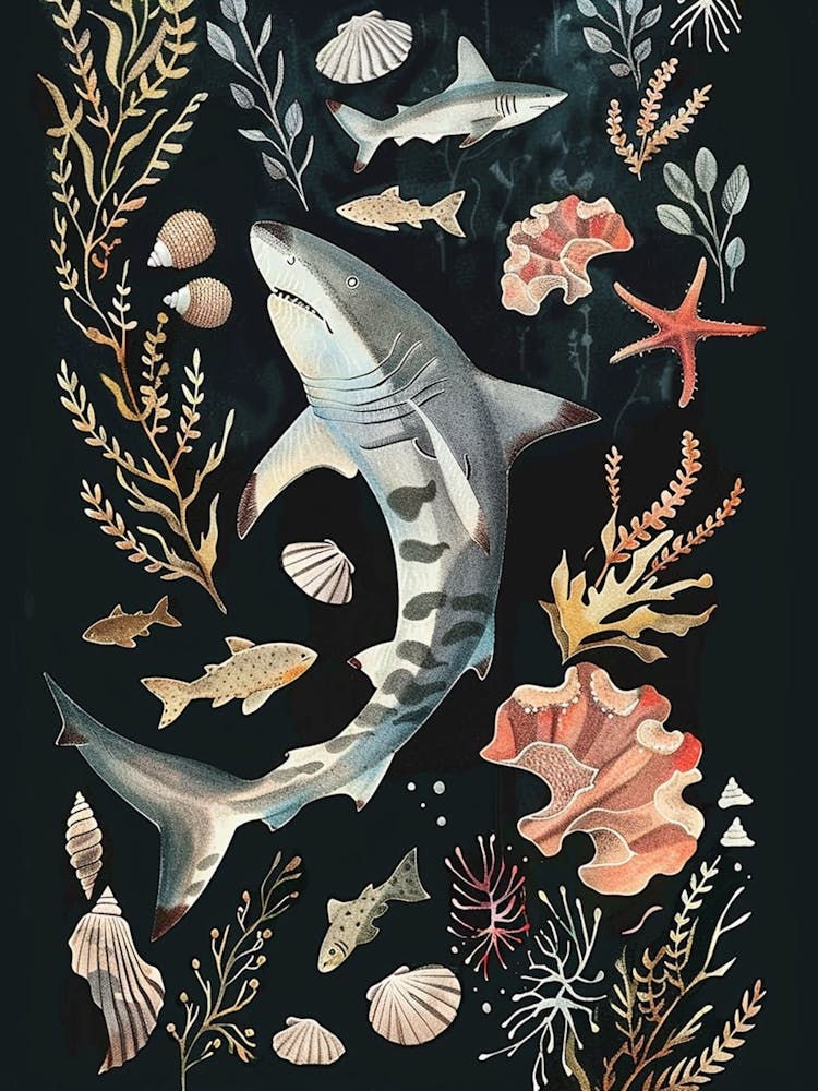 White Tip Reef Shark Seascape Black Background Illustration 3