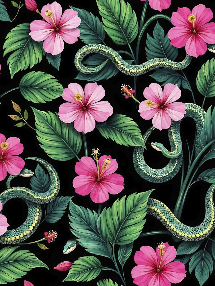 Tropical snakes and flowers - seamless floral art poster 1