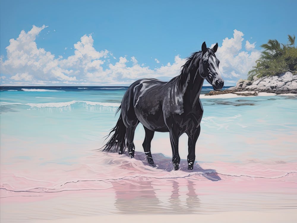 A Horse Oil Painting In Pink Sands Beach, Bahamas, Landscape 4