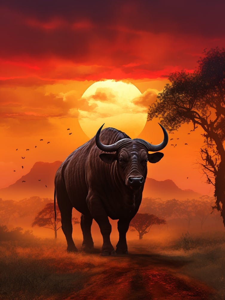 African Buffalo Sunset Portrait Realism 3