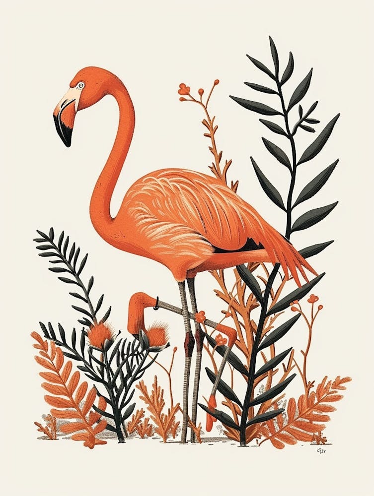 American Flamingo And Ginger Plants Minimalist Illustration 4