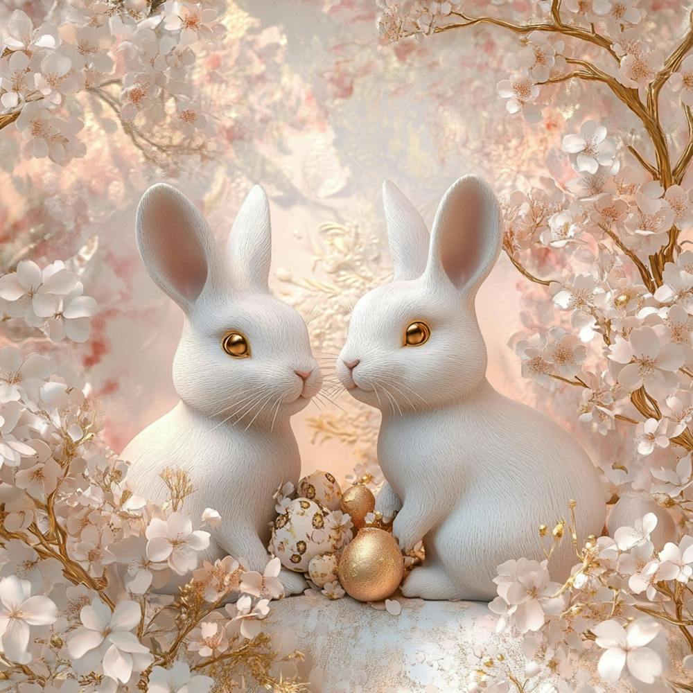 3d Rendering Of Rabbits With Golden And Pink Tones, Surrounded By Flowers And Cherry Blossoms, Easter Theme, Easter Background, Easter Decoration, Digital Art, Illustrations, Cute Style, High Resolution, Detailed Textures, Sof