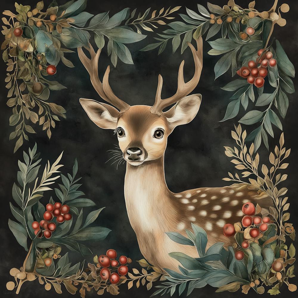 Illustration de Cerf - Cadeau de Noël Vintage - Hiver