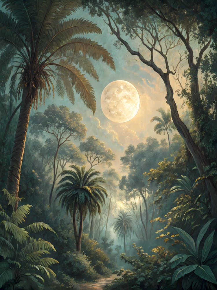Moonlit Tropical Forest Enchanted Landscape with Palm Trees and Glowing Sky