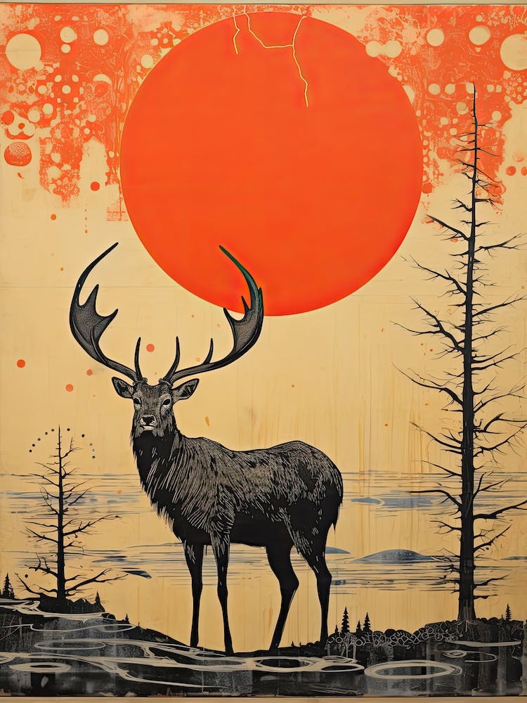 Elk, Woodblock Animal Drawing 2
