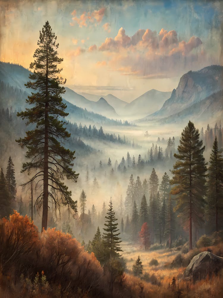 Oil Painting Style Early Morning Mist In Pine