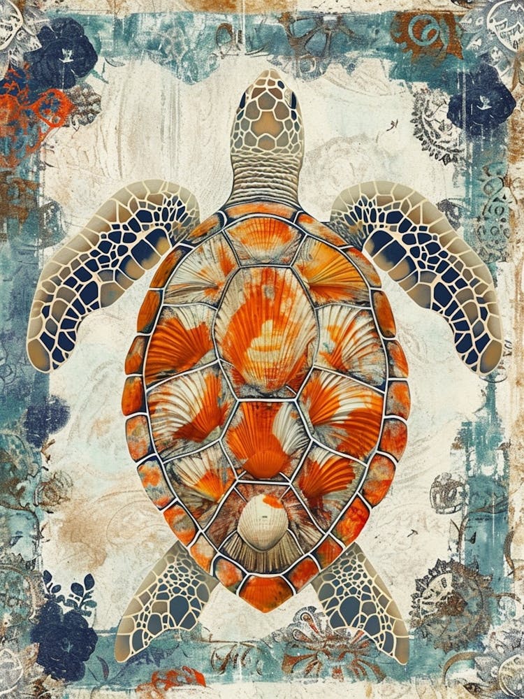 Sea Turtle Wallpaper Style Blue & Beige 1