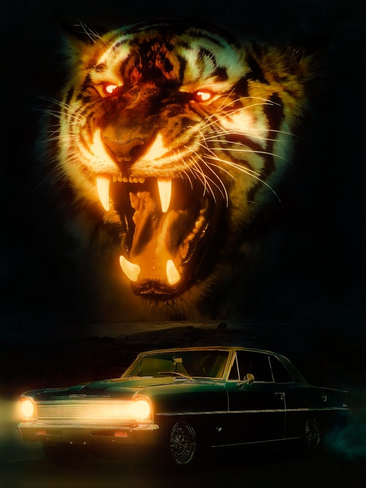 Tiger Is Roaring In The Night And Classic Car