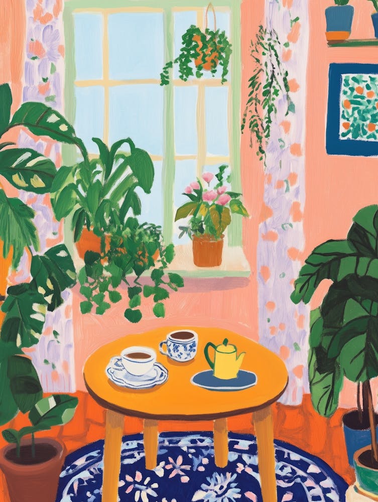 Tea Time in Living Room Gouache Painting