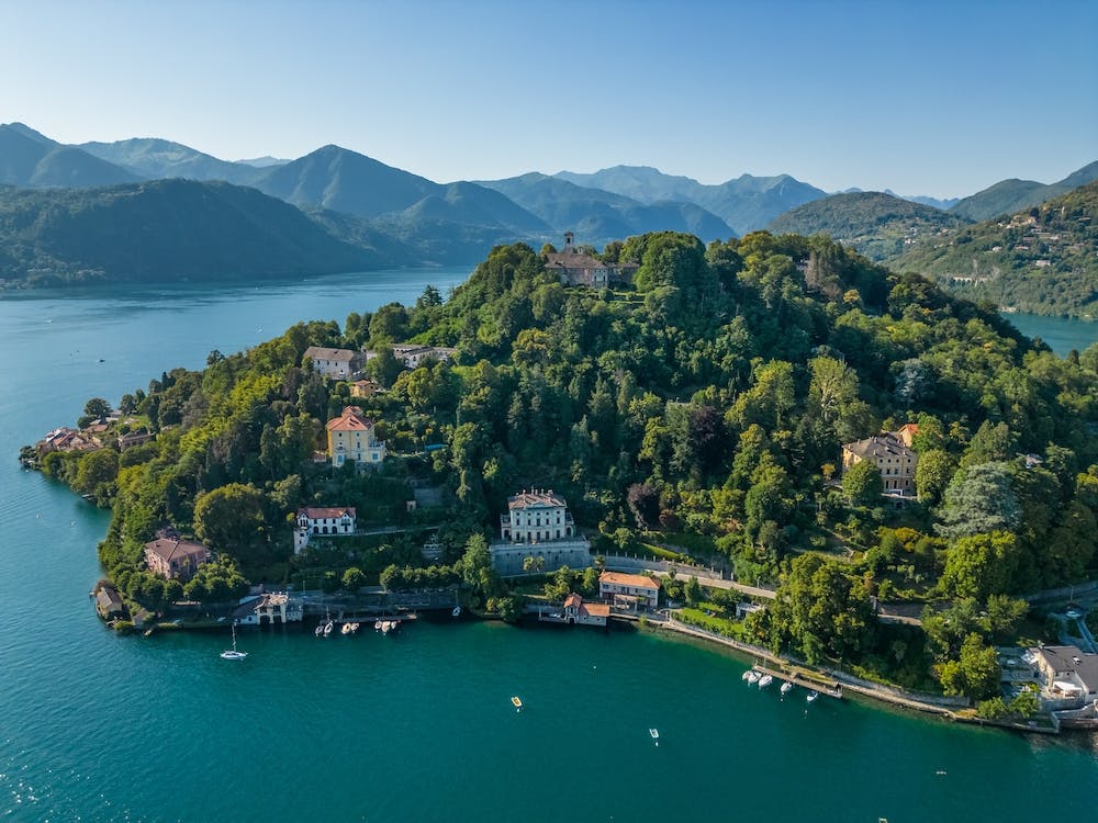 Drone view of mountain houses. Lake Orta. Italy.