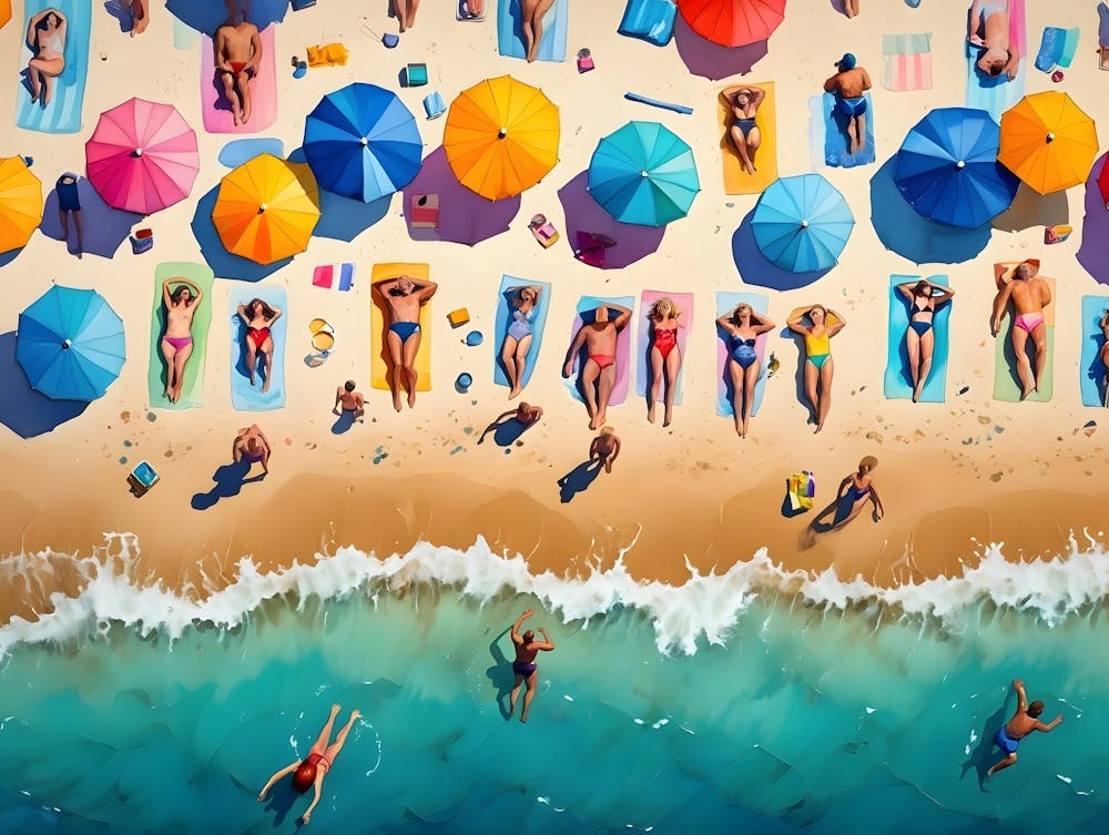 Aerial View Of People Relaxing on a Vibrant Summer Beach