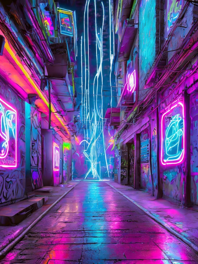 Cyberpunk-Gasse mit Neonschildern und Hologrammen 1