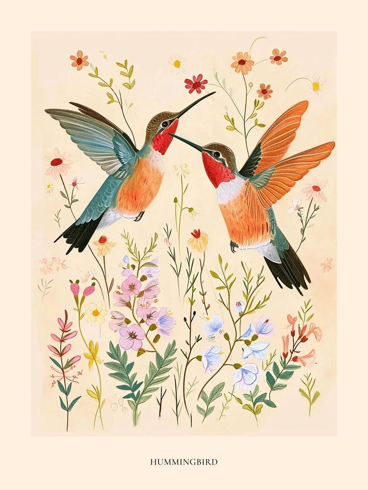 Folksy Floral Animal Drawing Humingbird 3 Poster