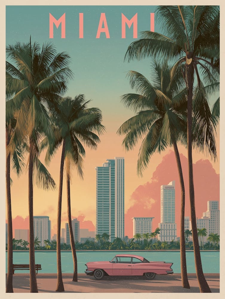 Vintage Miami Poster – Art Deco Glamour & Classic Cars