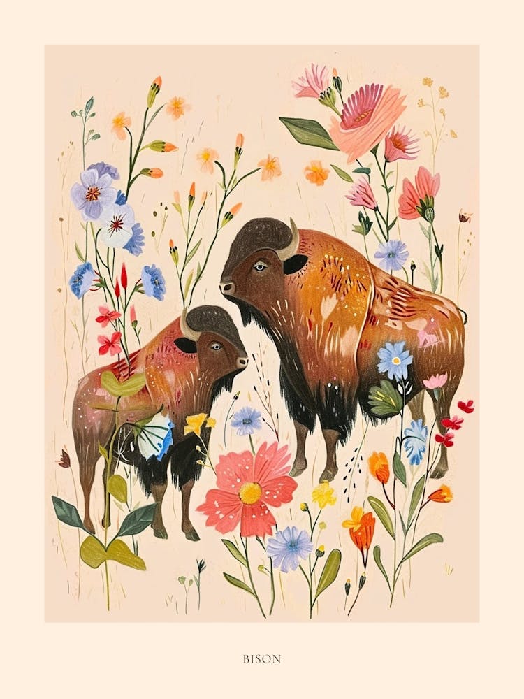 Folksy Floral Animal Drawing Bison 4 Poster