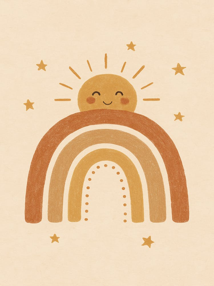 Boho Rainbow with Sun & Stars – Neutral Nursery Wall Art | Minimalist Sunshine Rainbow
