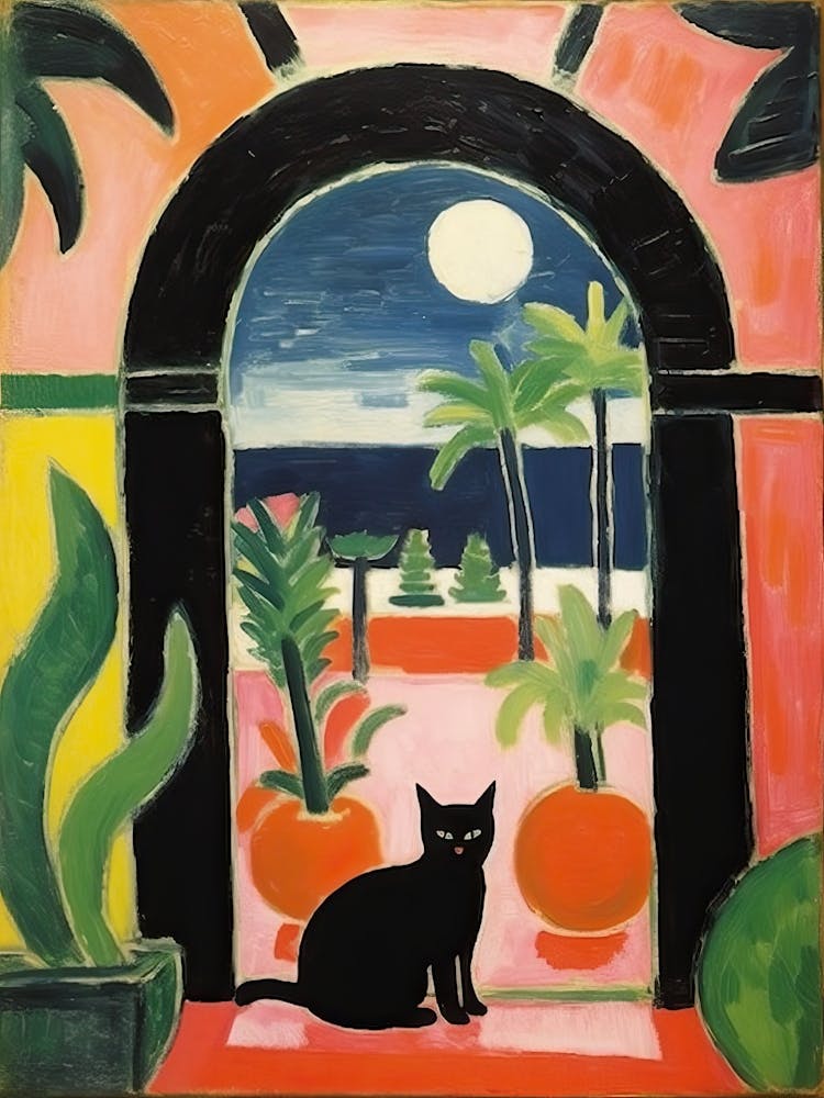 Matisse Style Painting Black Cat In Spain Red Door