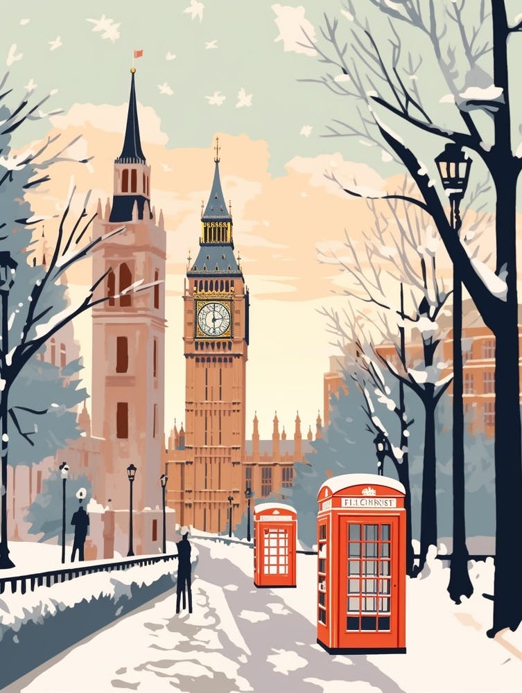 Vintage Winter Reiseillustration London Vereinigtes Königreich 3