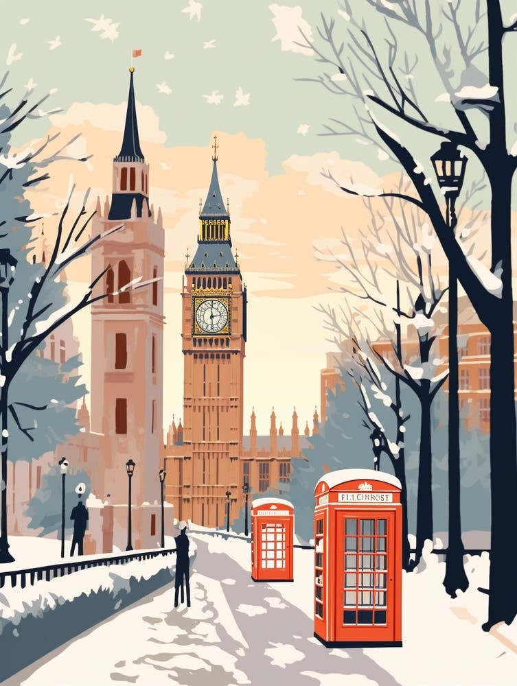 Vintage Winter Travel Illustration London United Kingdom 3