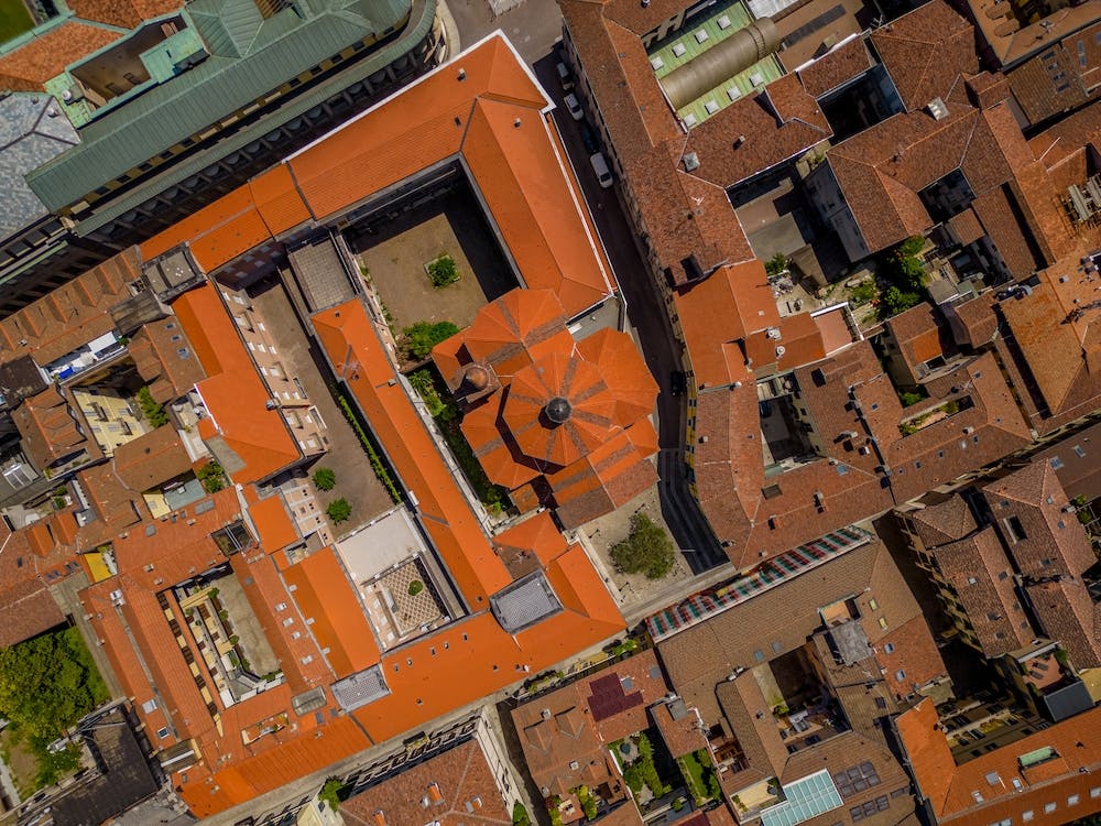Top down view of the catholic church and european old town. Novara, Italy, Piedmont. Aerial  photography