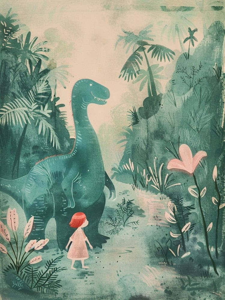 Dinosaur & A Child Storybook Painting