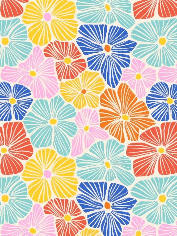 Into The Garden - Flower Mosaic Pink Orange Yellow Red Blue Aqua Textured Hand Drawn