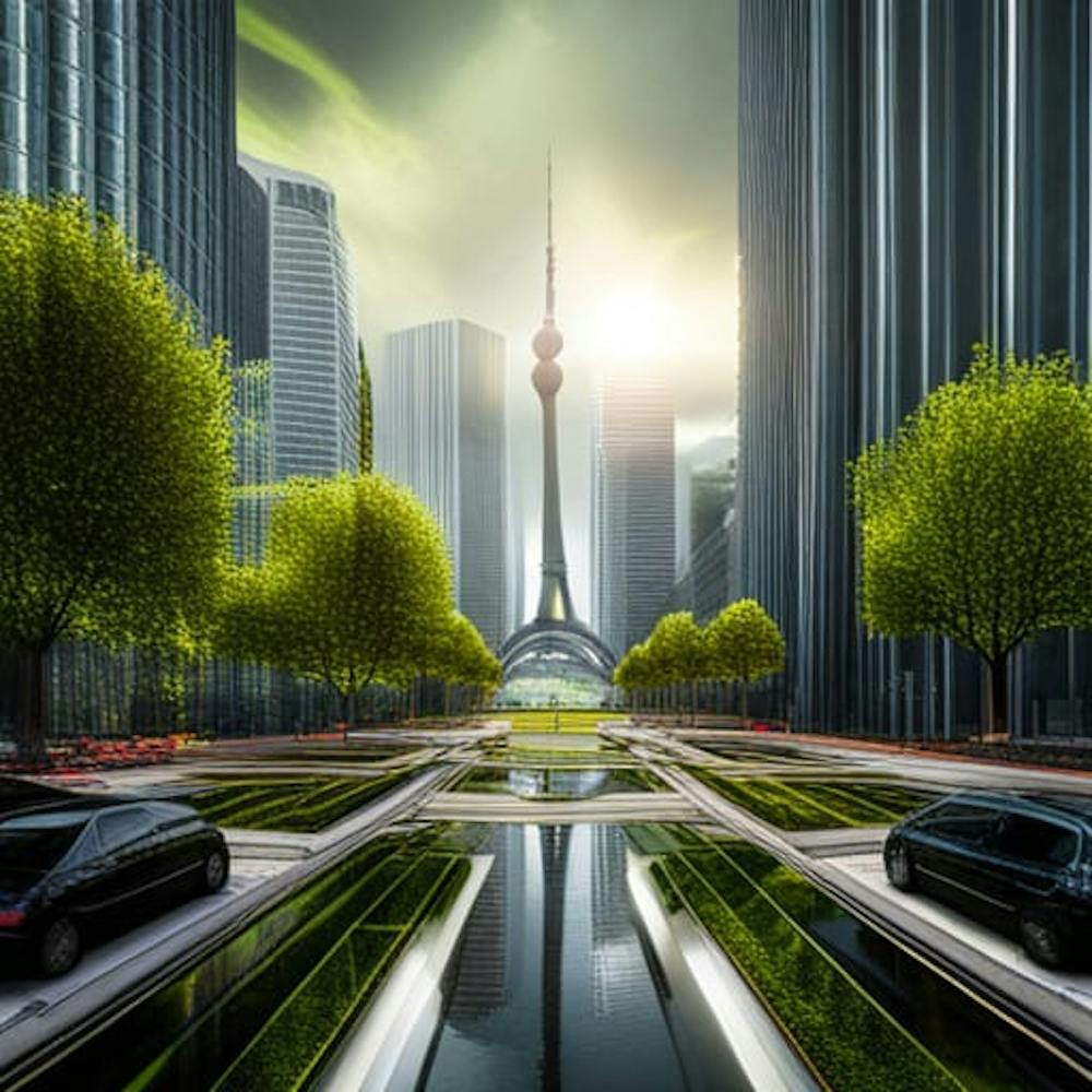 green garden in a central of futuristic city, year 2050 with cars