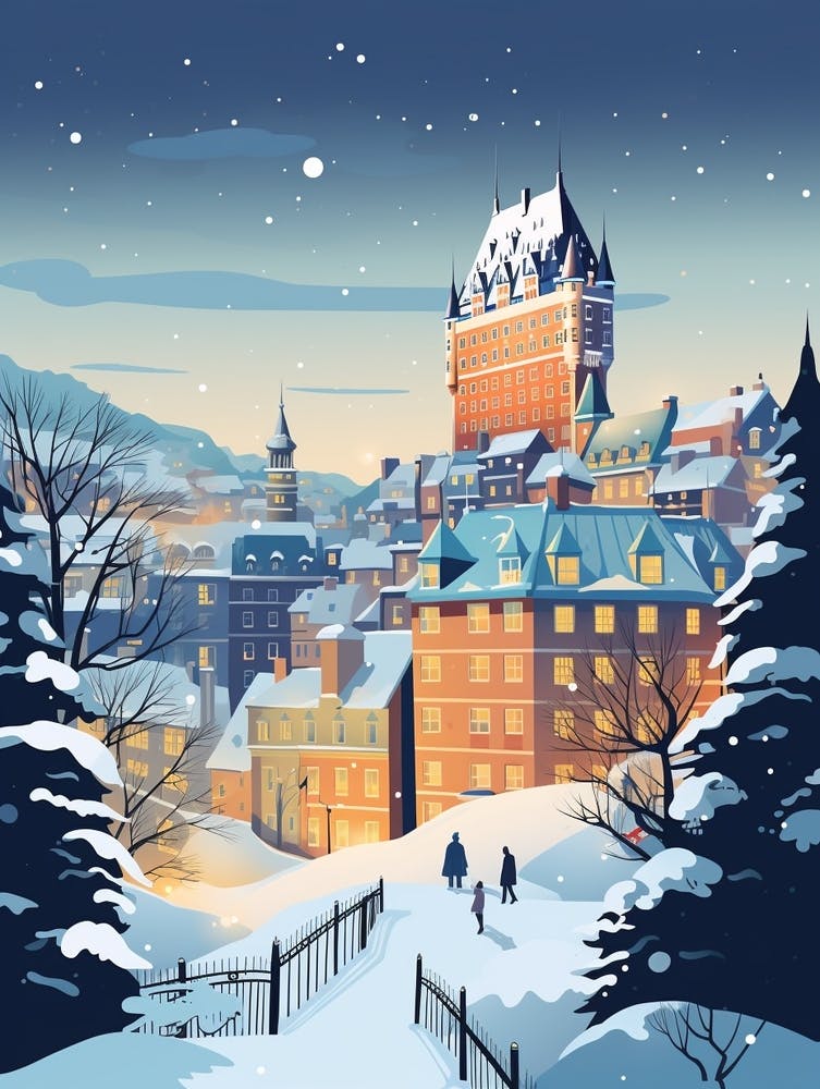 Winter Travel Night Illustration Quebec City Canada 2