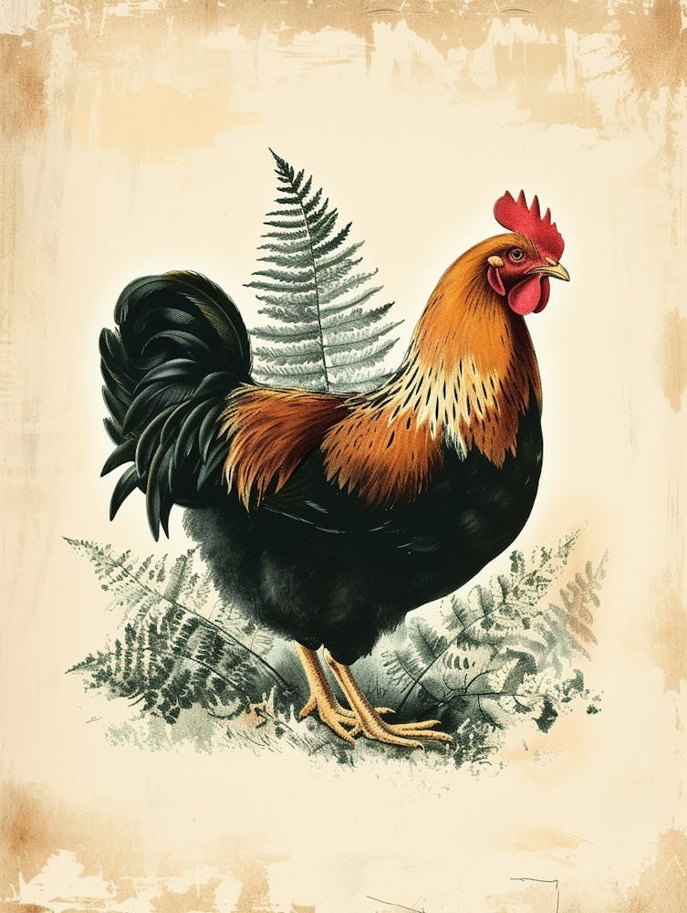 Vintage Illustration Hen And Chicken Fern 2