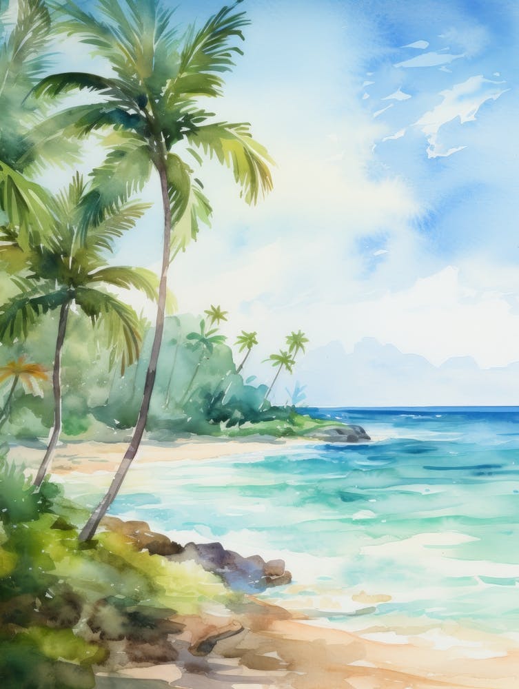 Watercolor Of Tropical Beach With Palm Trees