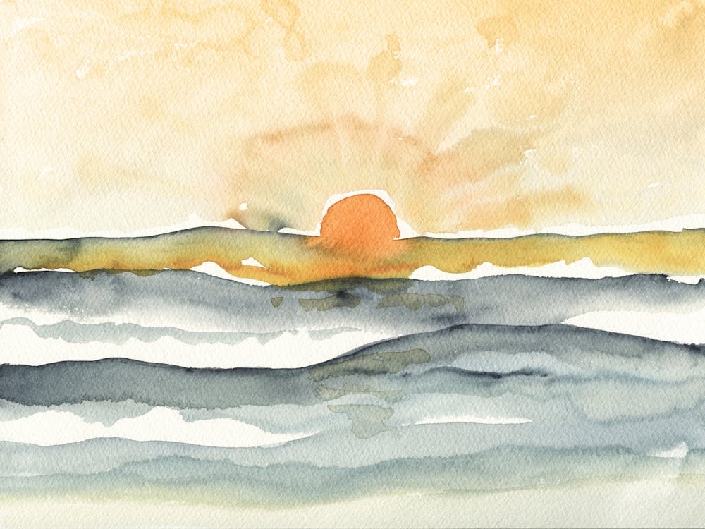 Ocean Sunset, Abstract Watercolor in Blue and Orange