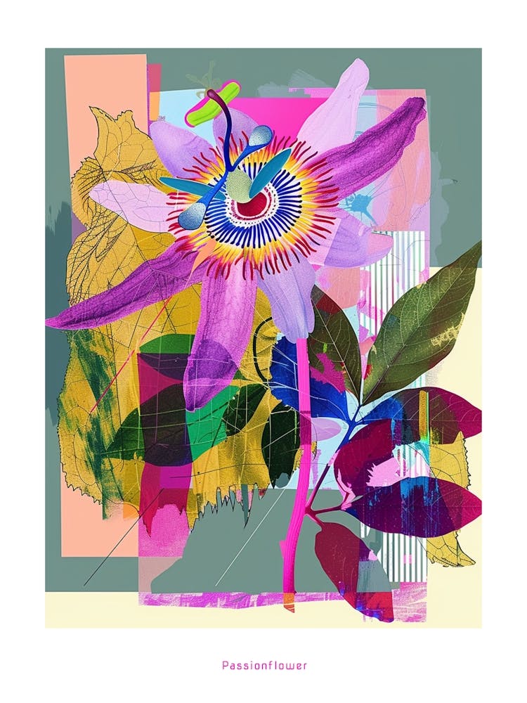 Passionflower 2 Neon Flower Collage Poster