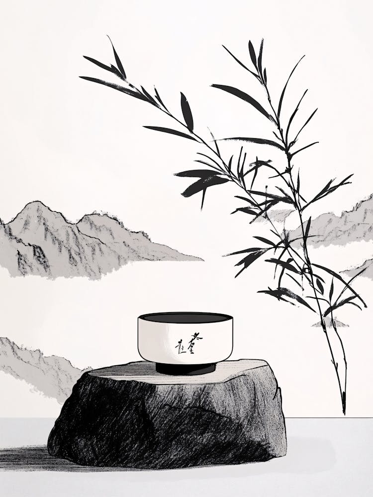 Asian Landscape Black Minimal Ink