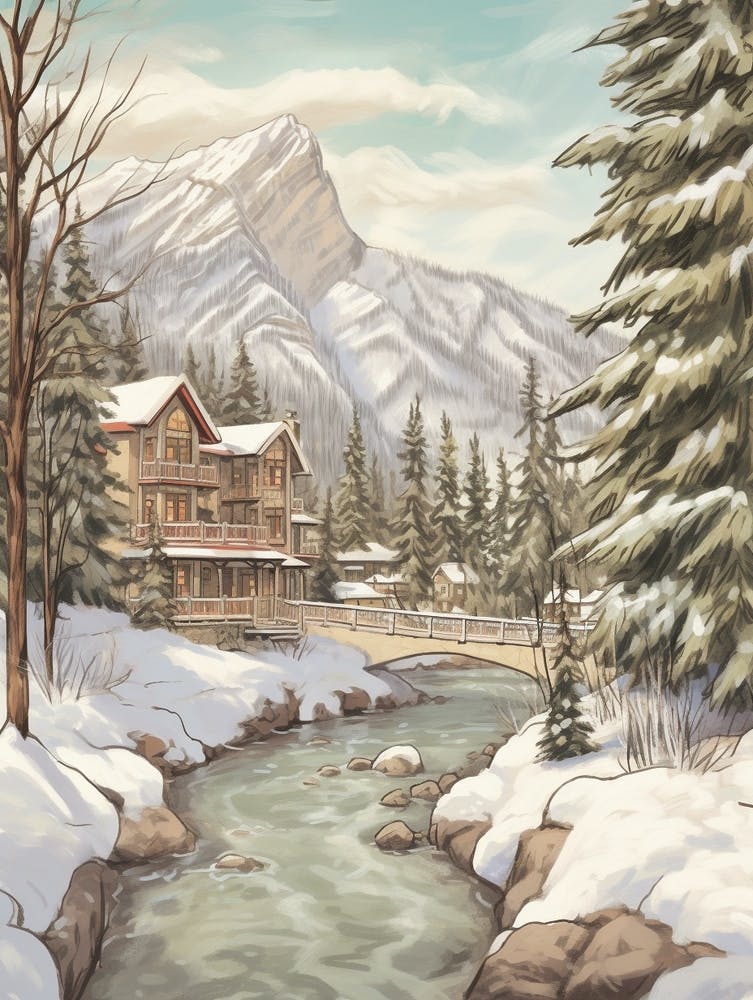 Vintage Winter Illustration Banff Canada 1