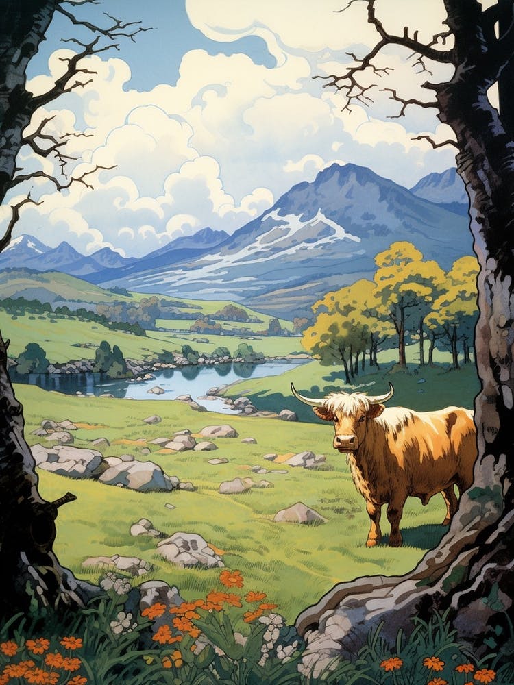 Highland Cow In The Distance With A Pictureque Valley