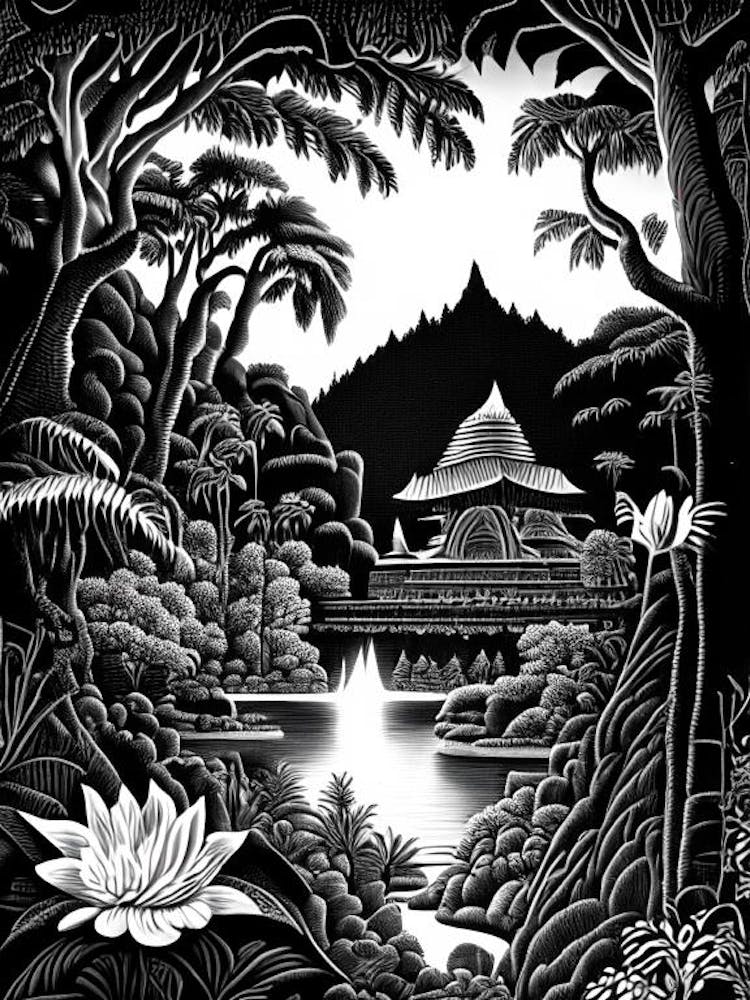 Tirta Gangga, 1, Indonesia Linocut Black And White Vintage